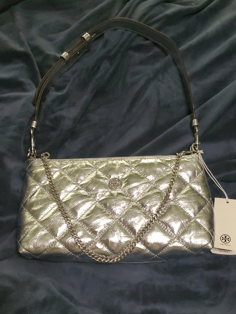 Tory Burch Quilted Metallic Shoulder Bag - Silver